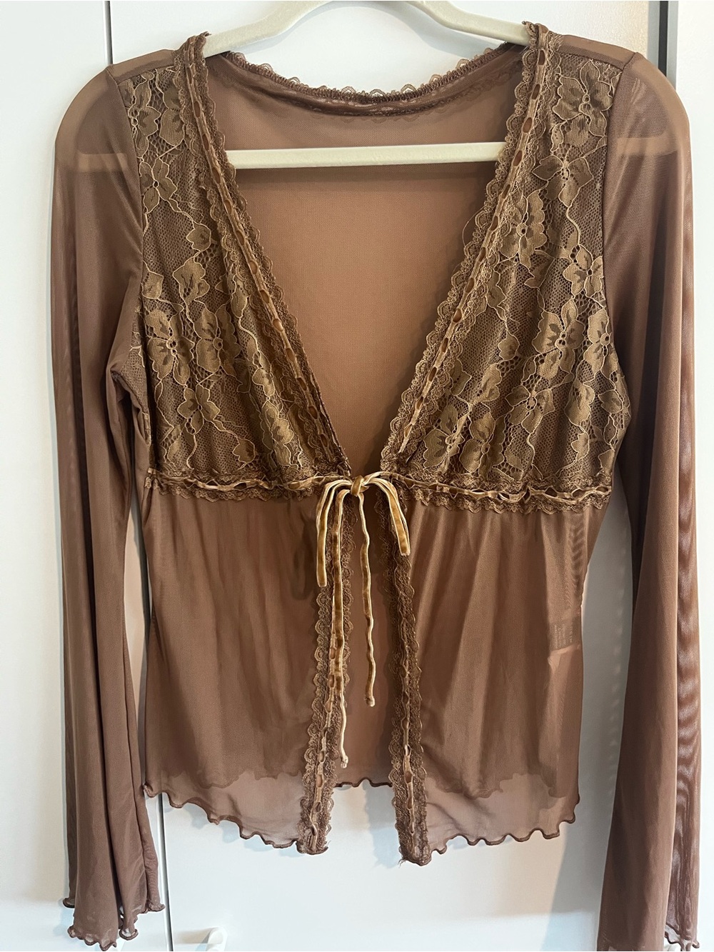 SHEIN Brown Sheer Lace Tie-Front Tunic Top